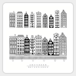 Old houses of Amsterdam, Netherlands. Realistic black and white poster. Sticker